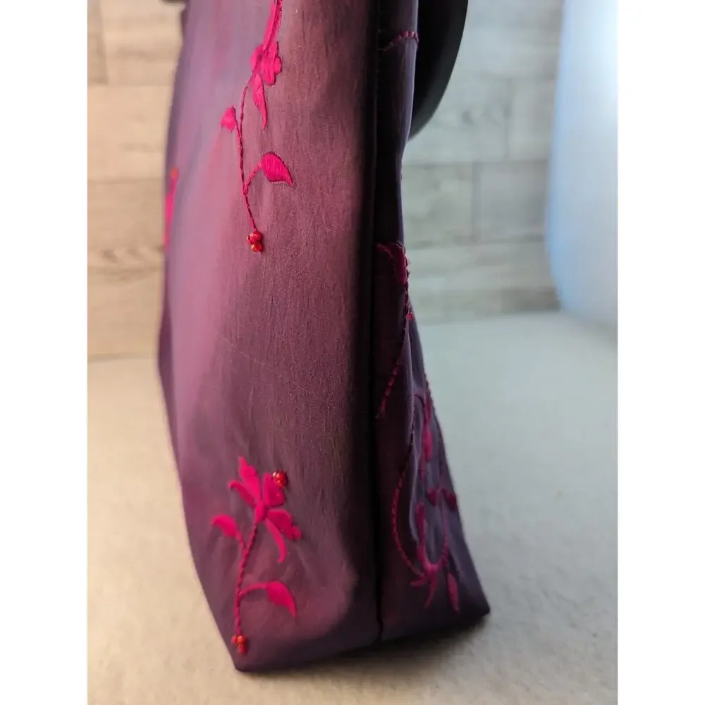 Purse Embroidered Taffeta Plum/ Red/ Wine Wood Handles made in Thailand 14x8x4+
